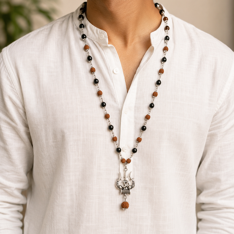 Karungali–Rudraksha Mala with Trishool Pendant (Authentic)