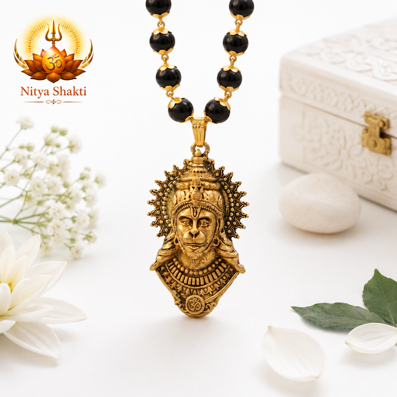 Gold-Plated Bajrangbali Raksha Pendant with Karungali Mala