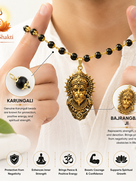 Gold-Plated Bajrangbali Raksha Pendant with Karungali Mala