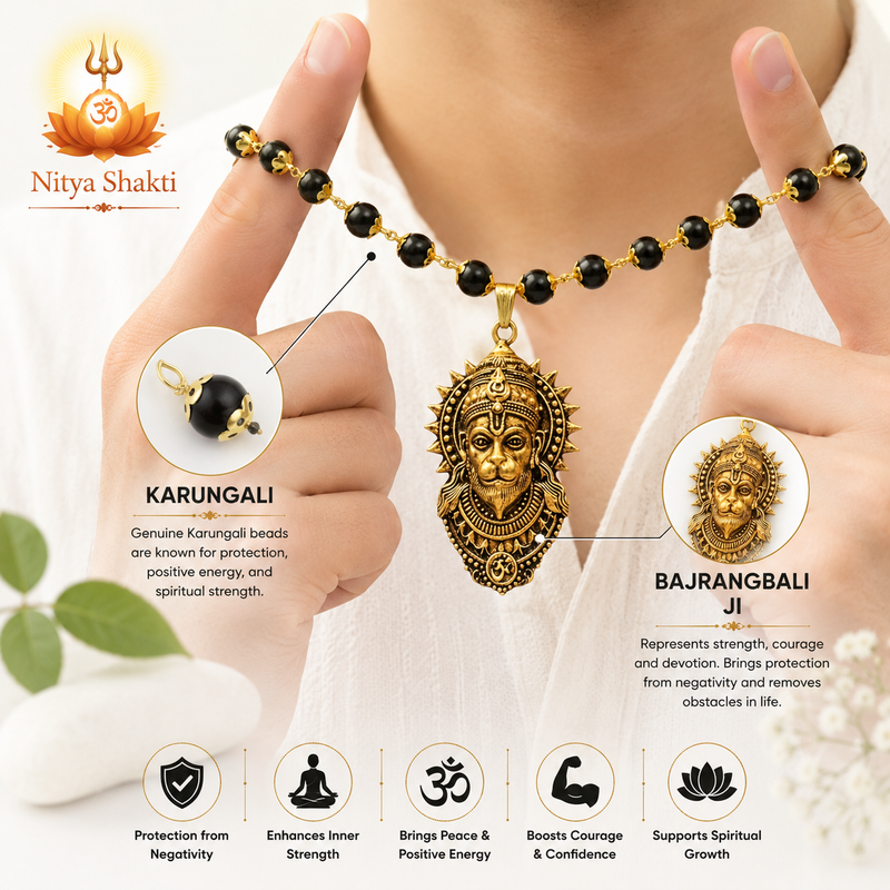 Gold-Plated Bajrangbali Raksha Pendant with Karungali Mala