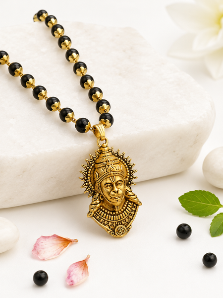 Gold-Plated Bajrangbali Raksha Pendant with Karungali Mala