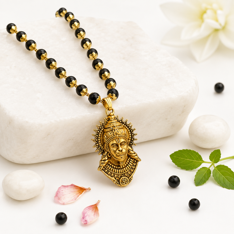 Gold-Plated Bajrangbali Raksha Pendant with Karungali Mala