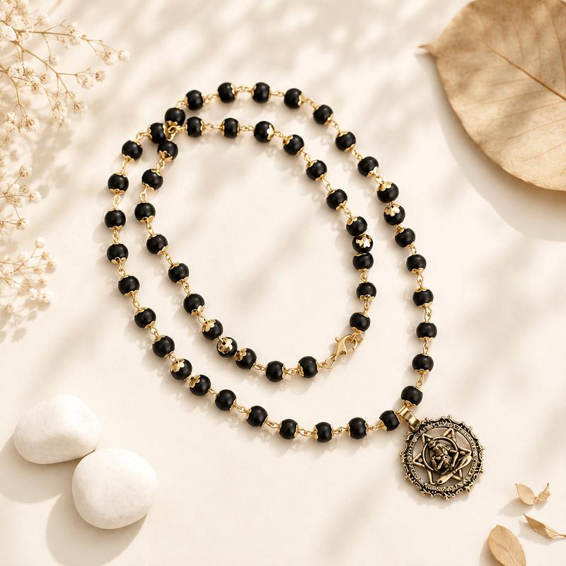 Gold-Plated Karungali Mala with Hanuman Kavach Pendant