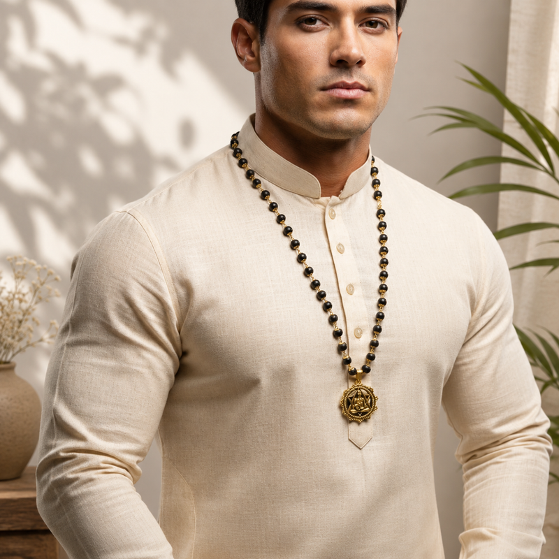 Gold-Plated Karungali Mala with Hanuman Kavach Pendant