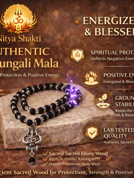 🌿 Karungali Mala with OM Trishool Pendant (Lab Certified)
